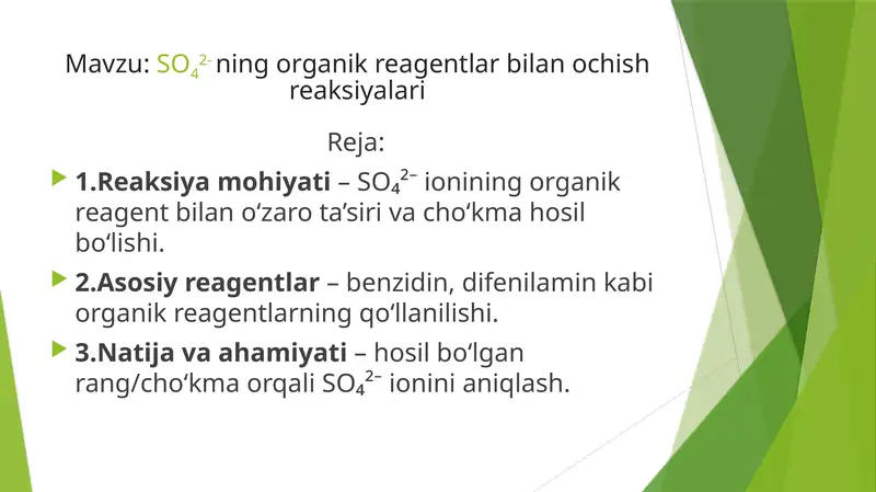 SO42-ning organik reagentlar bilan ochish reaksiyalari