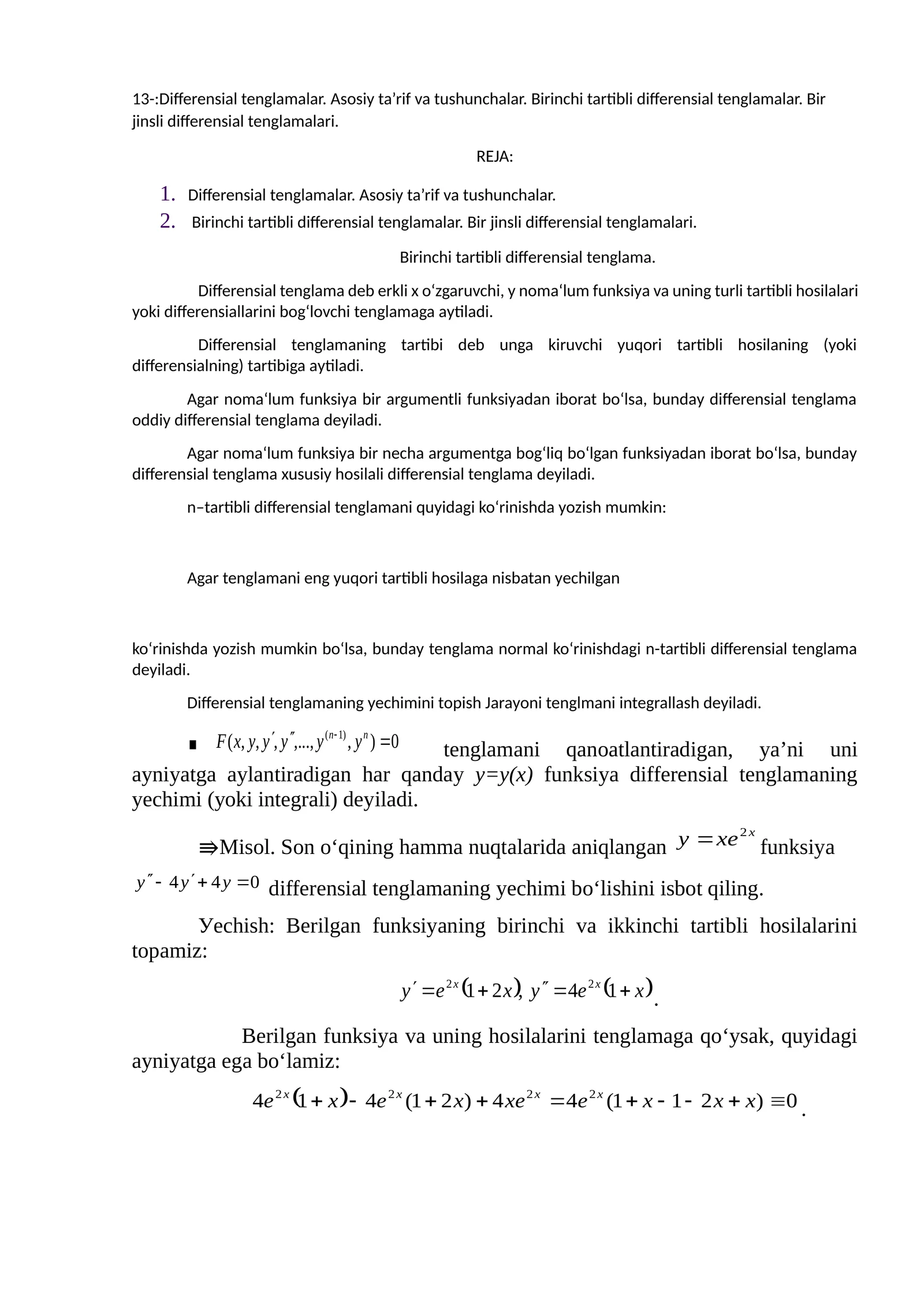 Differensial tenglamalar va birinchi tartibli differensial tenglamalar