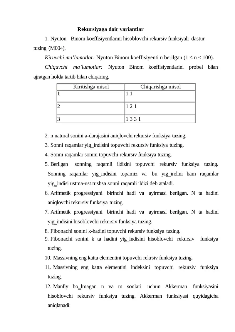 Rekursiyaga doir variantlar