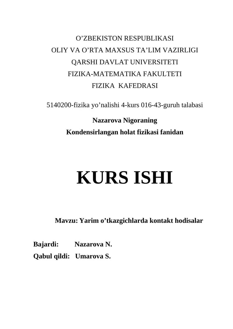 Yarim o’tkazgichlarda kontakt hodisalar