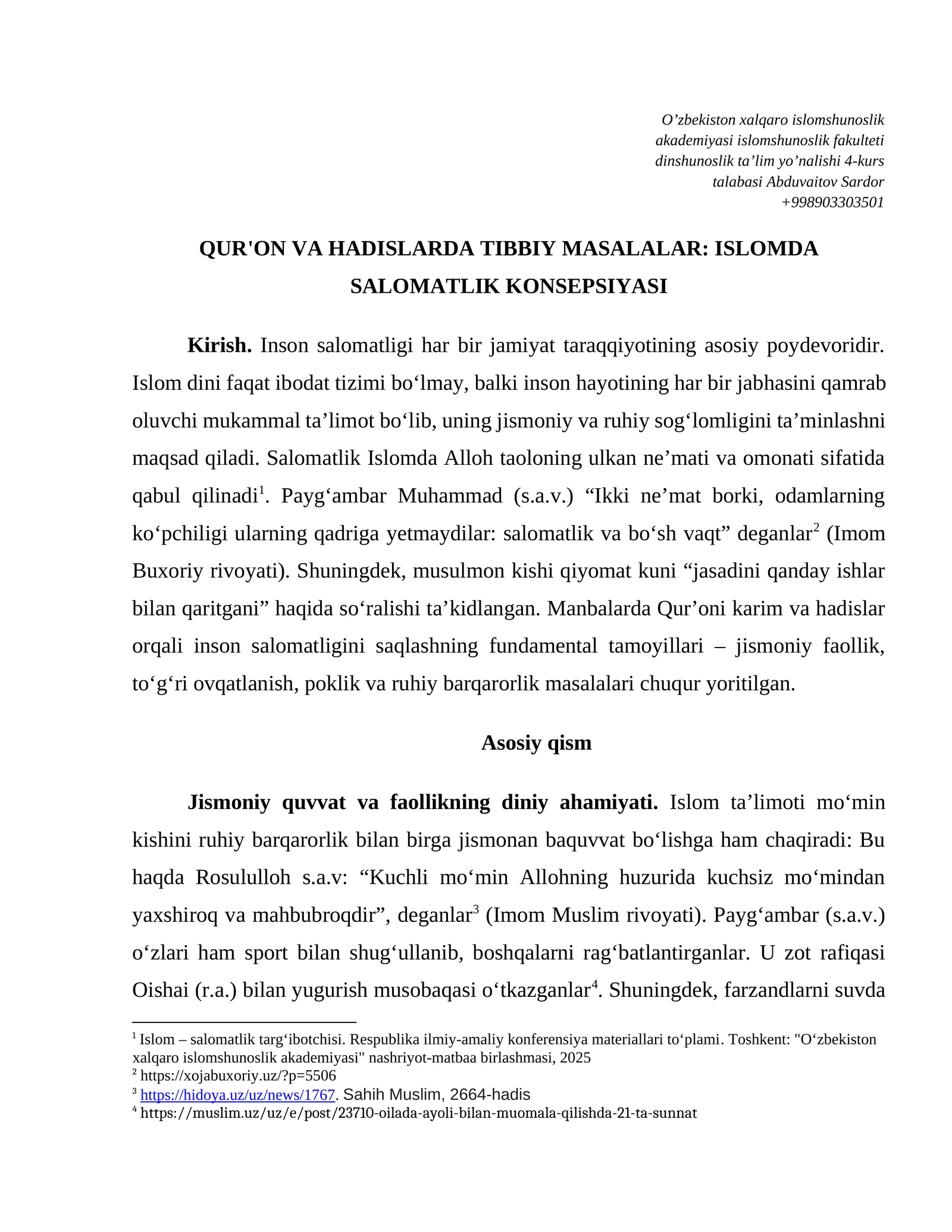 QUR'ON VA HADISLARDA TIBBIY MASALALAR: ISLOMDA SALOMATLIK KONSEPSIYASI