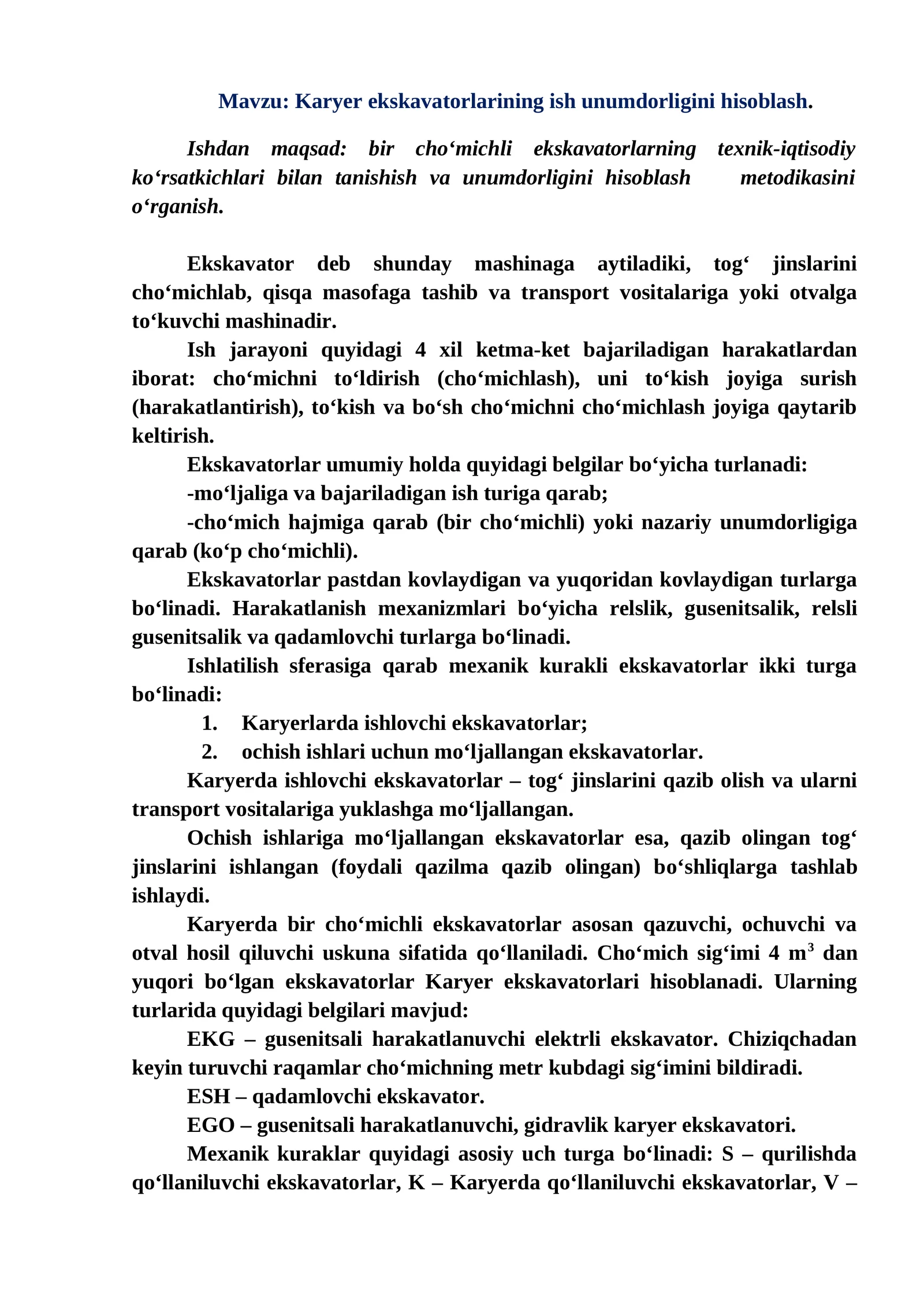 Karyer ekskavatorlarining ish unumdorligini hisoblash