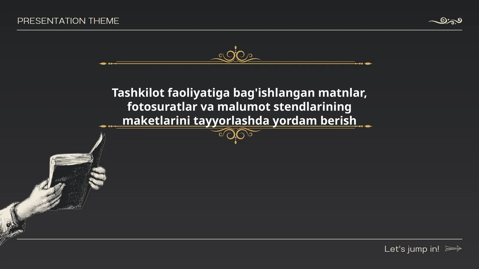 Tashkilot faoliyatiga bag'ishlangan matnlar, fotosuratlar va malumot stendlarining maketlarini tayyorlashda yordam berish
