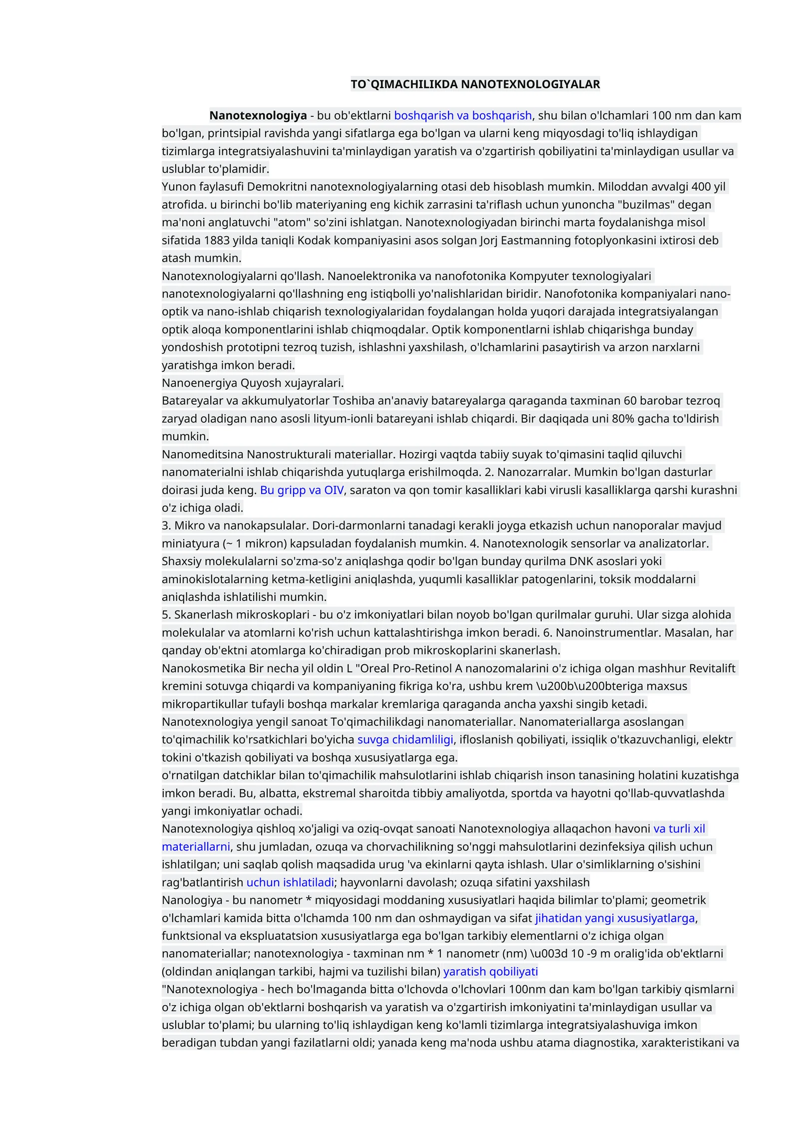 TO`QIMACHILIKDA NANOTEXNOLOGIYALAR
