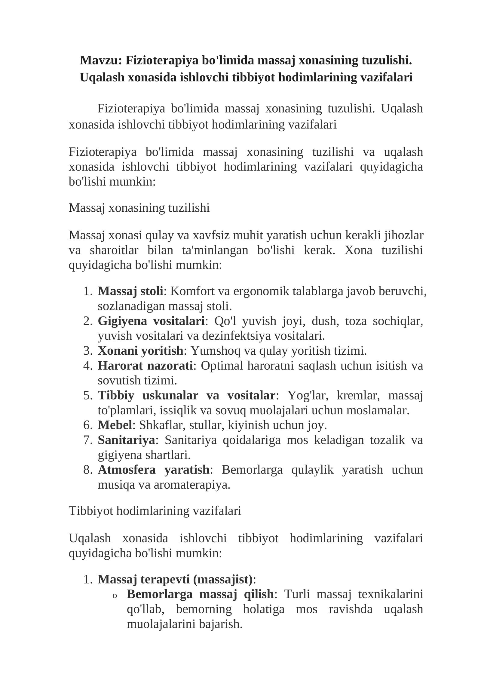 Fizioterapiya bo'limida massaj xonasining tuzulishi