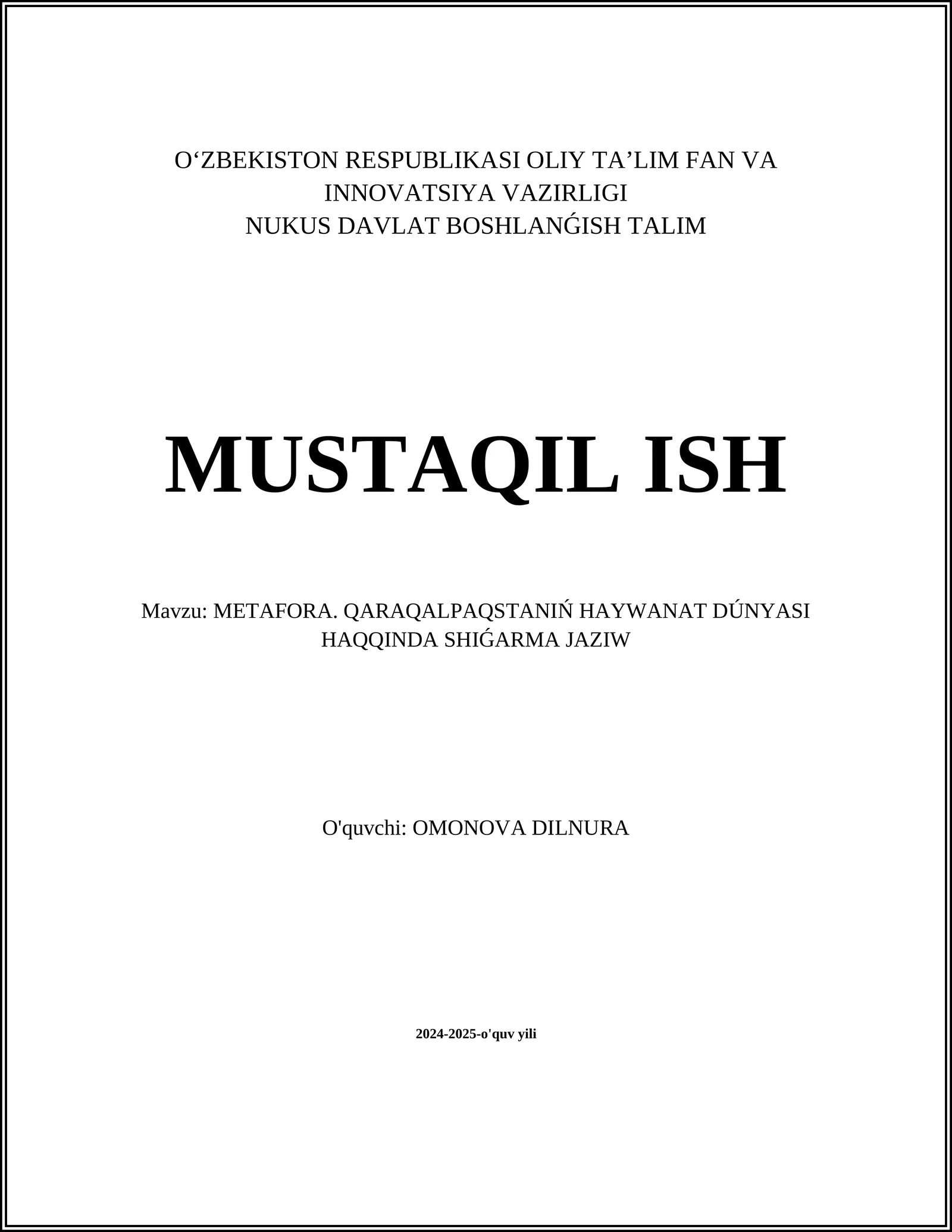 METAFORA. QARAQALPAQSTANIŃ HAYWANAT DÚNYASI HAQQINDA SHIǴARMA JAZIW