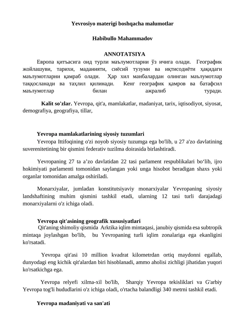 Yevrosiyo materigi boshqacha malumotlar