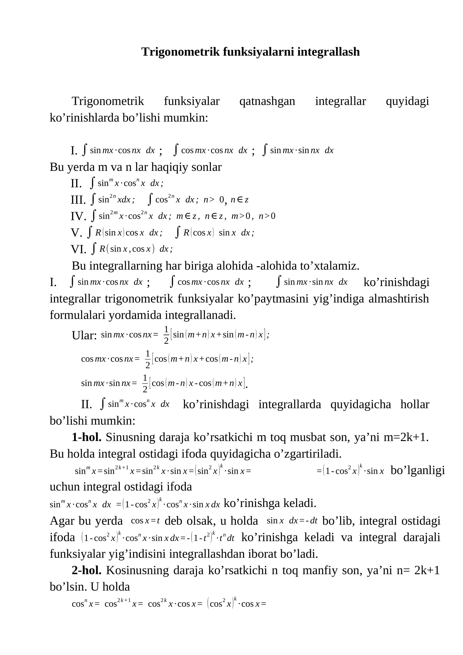 Trigonometrik funksiyalarni integrallash