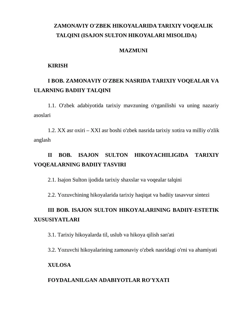 ZAMONAVIY O'ZBEK HIKOYALARIDA TARIXIY VOQEALIK TALQINI (ISAJON SULTON HIKOYALARI MISOLIDA)