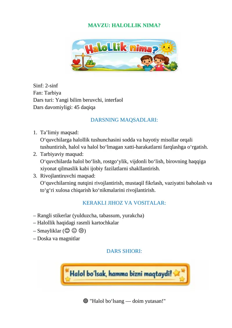 dars ishlanma, HALOLLIK NIMA? mavzusida , Fan tarbiya Sinf 2