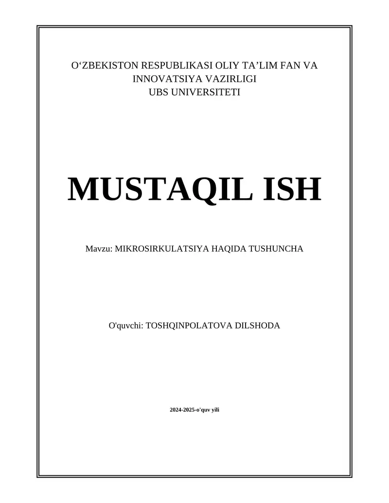 MIKROSIRKULATSIYA HAQIDA TUSHUNCHA
