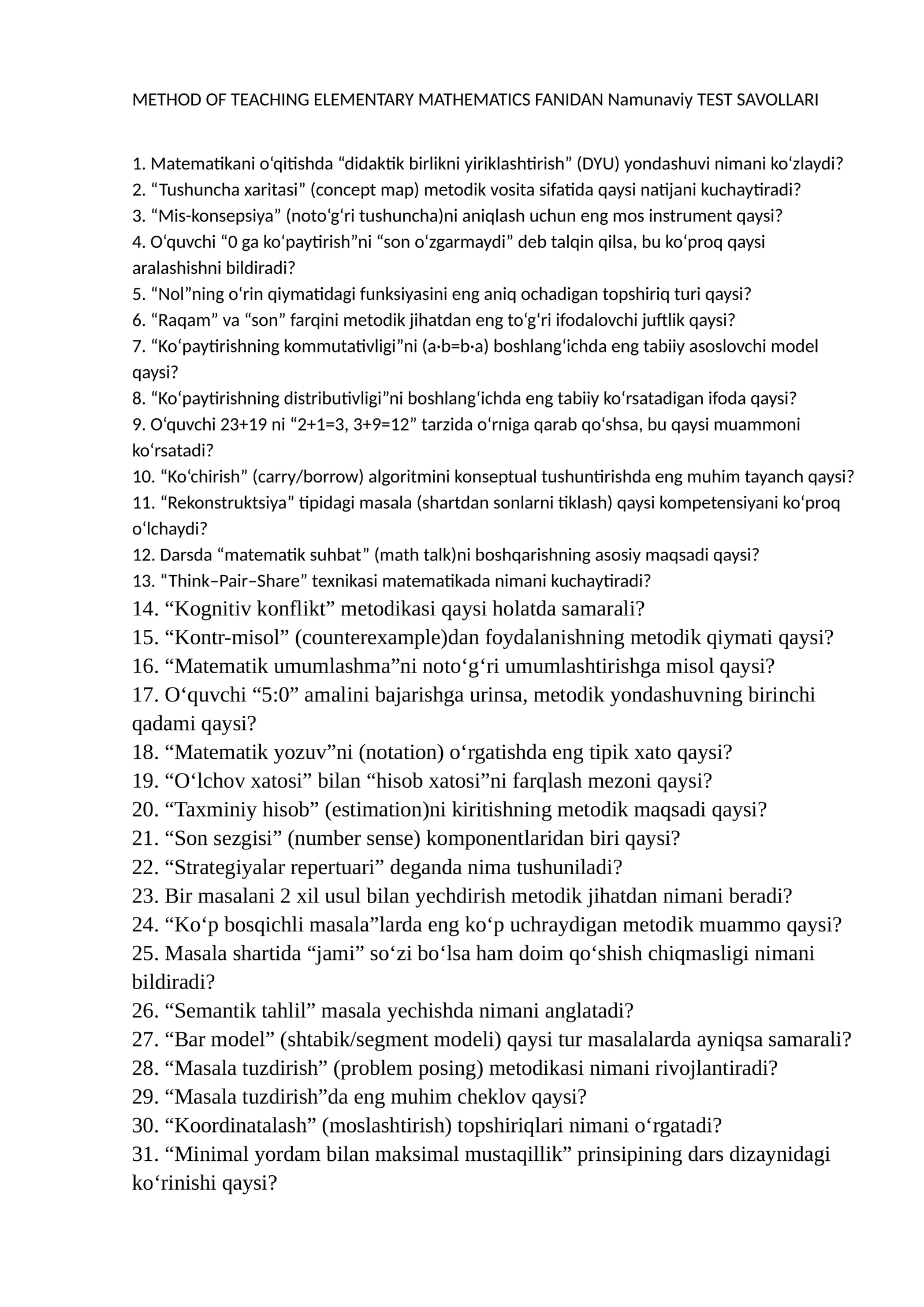 METHOD OF TEACHING ELEMENTARY MATHEMATICS FANIDAN Namunaviy TEST SAVOLLARI