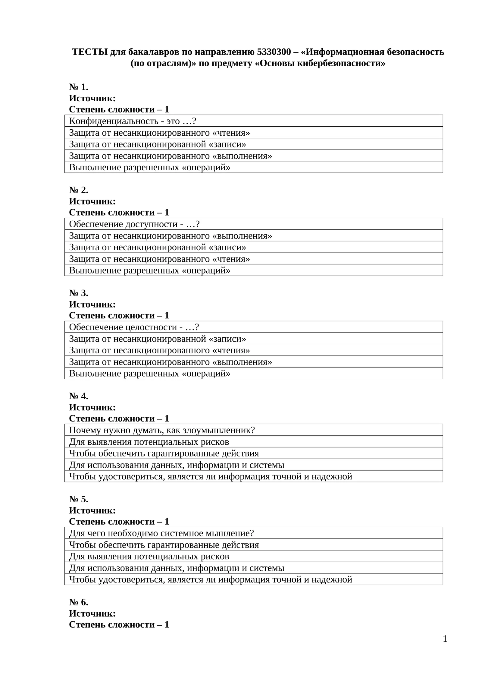 ТЕСТЫ для бакалавров по направлению 5330300 – «Информационная безопасность (по отраслям)»
