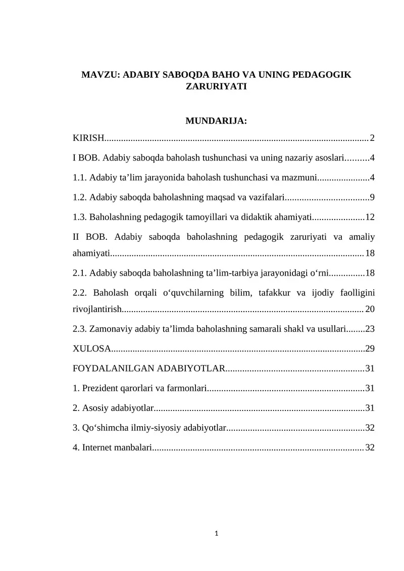 ADABIY SABOQDA BAHO VA UNING PEDAGOGIK ZARURIYATI