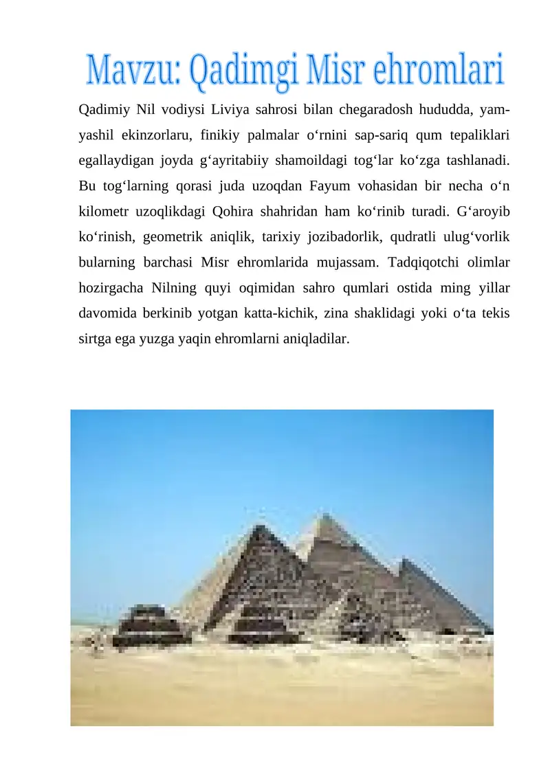 Qadimiy Nil vodiysi va Misr poytaxti