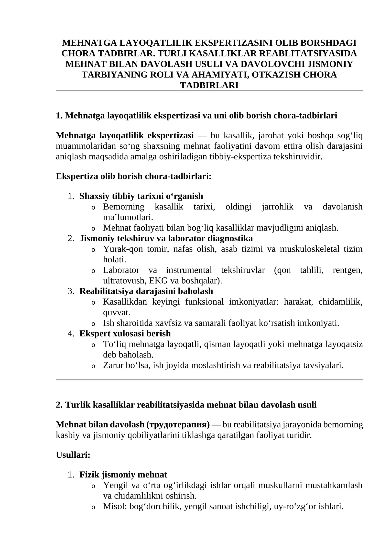 Mehnatga layoqatlilik ekspertizasi va uni olib borish chora-tadbirlari