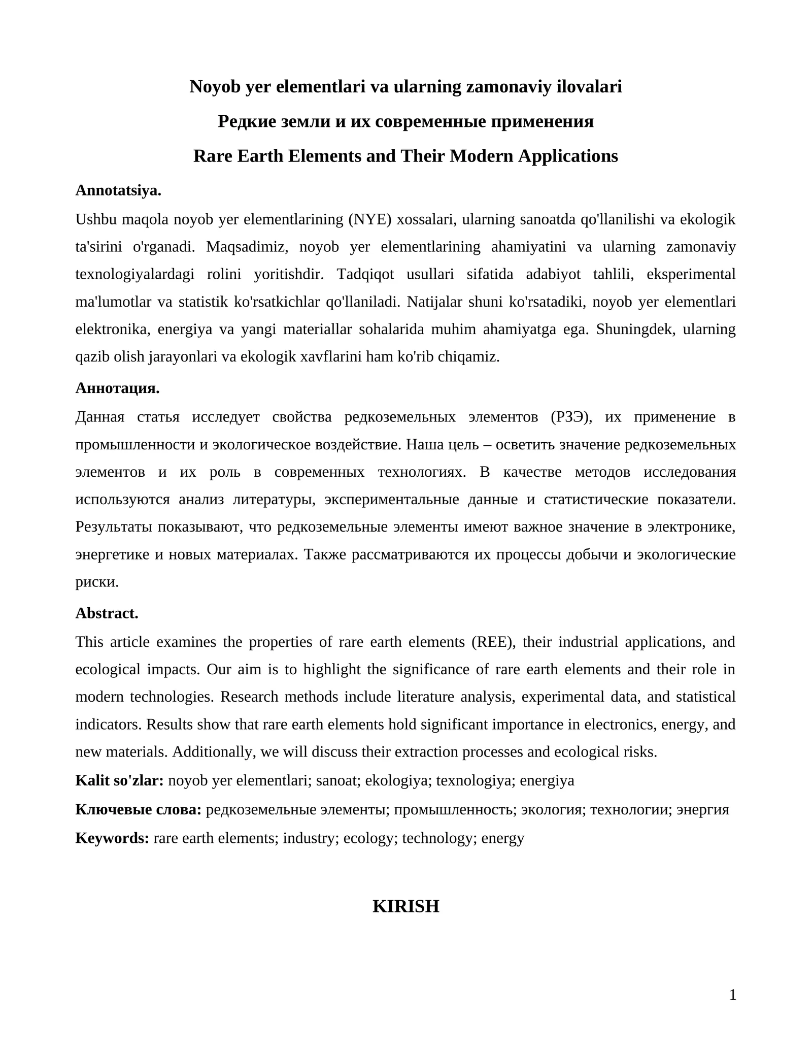 Noyob yer elementlari va ularning zamonaviy ilovalari