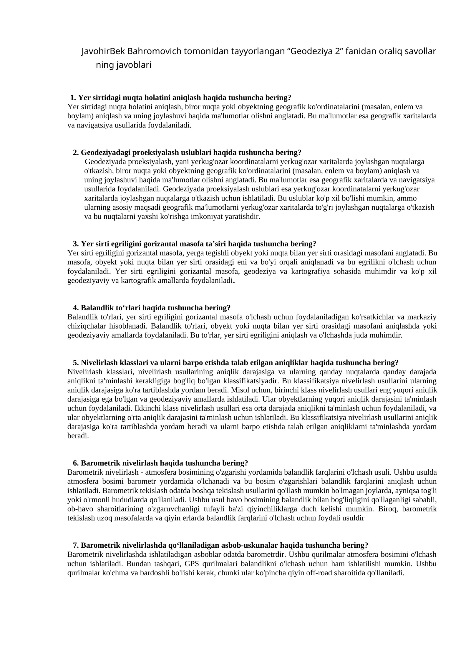 Geodeziya 2 fanidan oraliq savollar ning javoblari