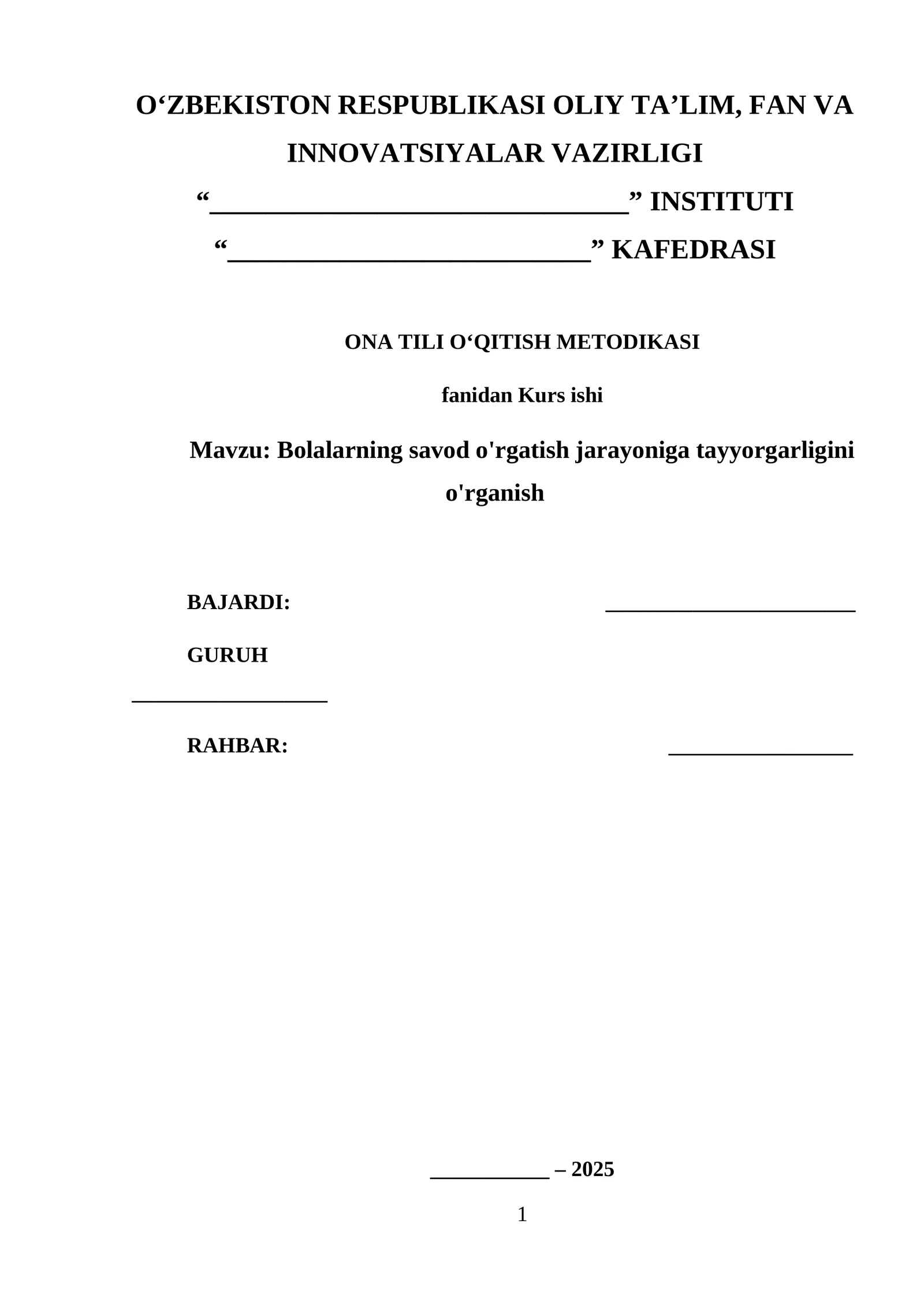 Bolalarning savod o'rgatish jarayoniga tayyorgarligini o'rganish mavzusida tayyor kurs ishi