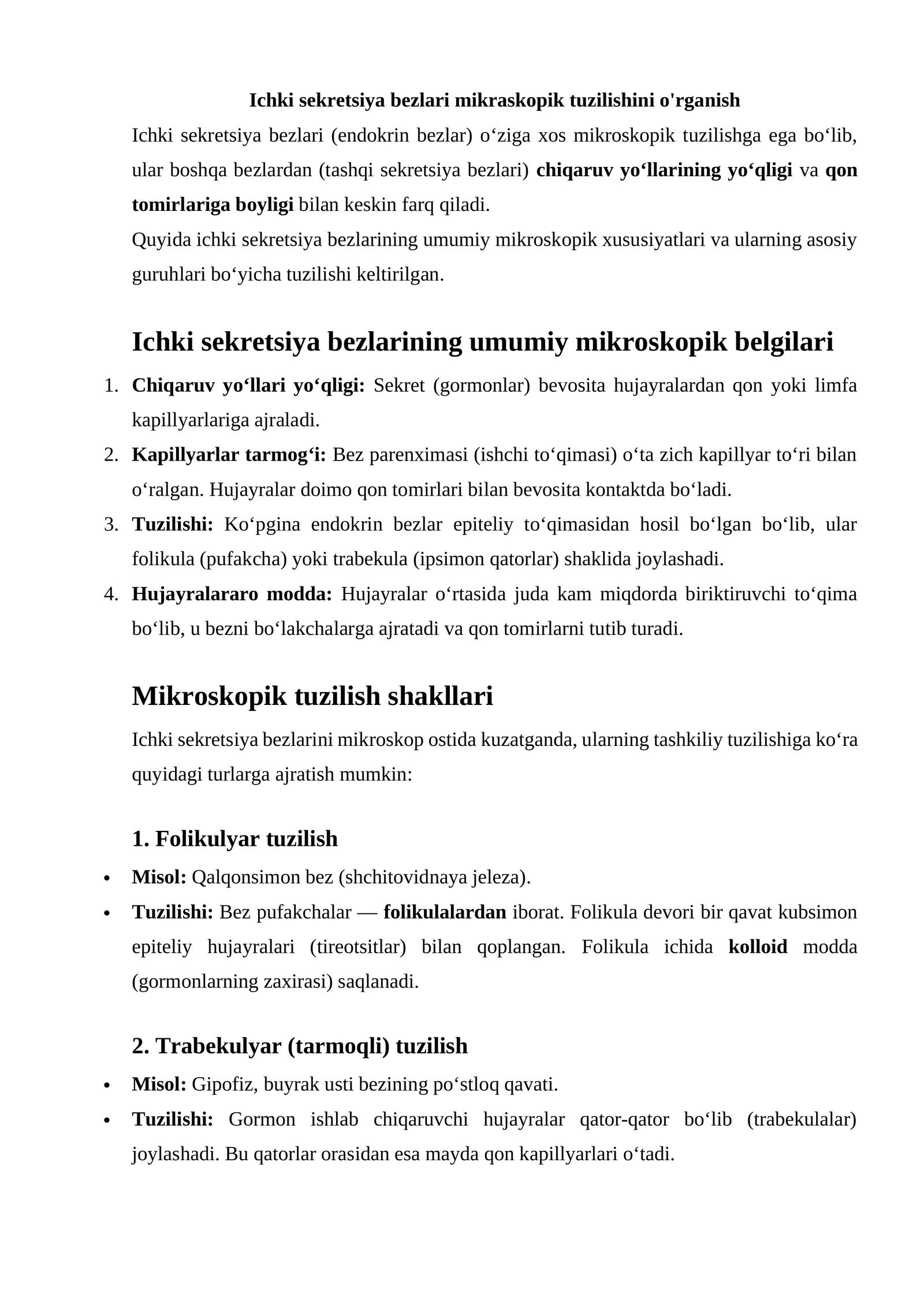 Ichki sekretsiya bezlari mikraskopik tuzilishini o'rganish