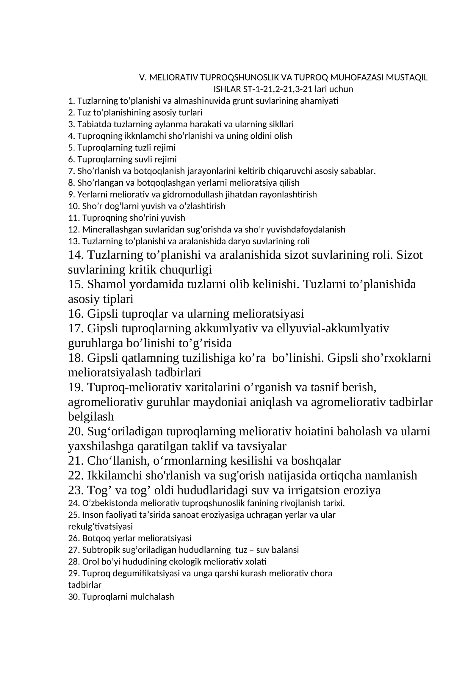 V. MELIORATIV TUPROQSHUNOSLIK VA TUPROQ MUHOFAZASI MUSTAQIL ISHLAR ST-1-21,2-21,3-21