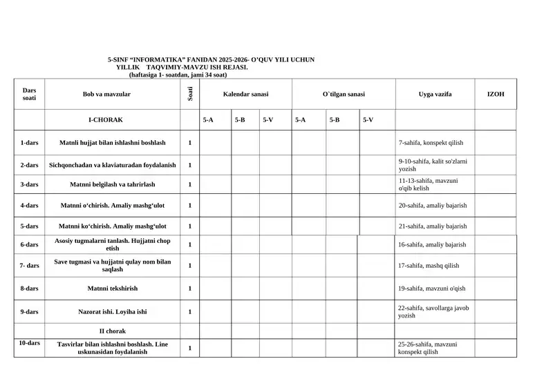 5-SINF “INFORMATIKA” FANIDAN 2025-2026- O’QUV YILI UCHUN YILLIK TAQVIMIY- MAVZU ISH REJASI