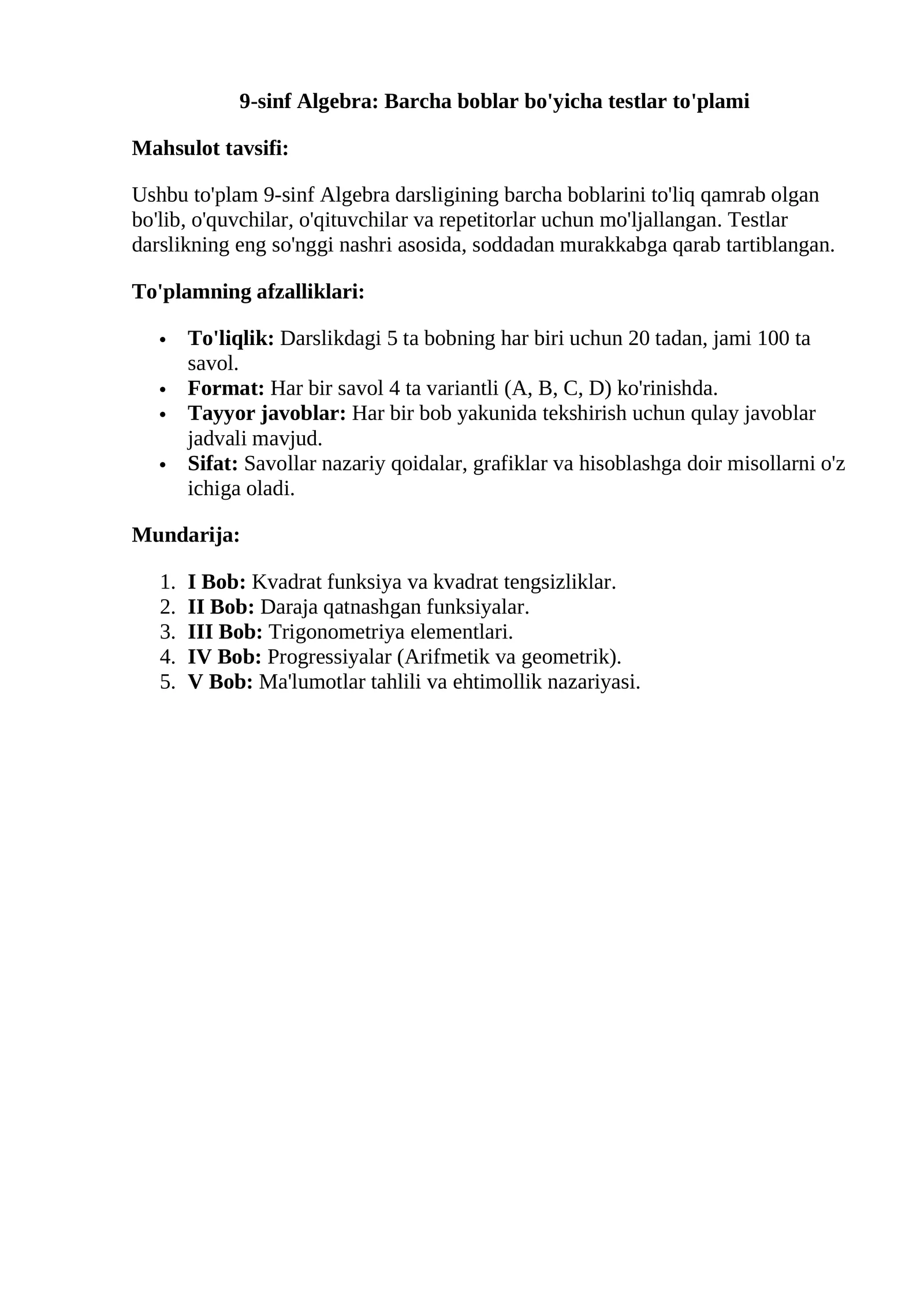 9-sinf Algebra: Barcha boblar bo'yicha testlar to'plami
