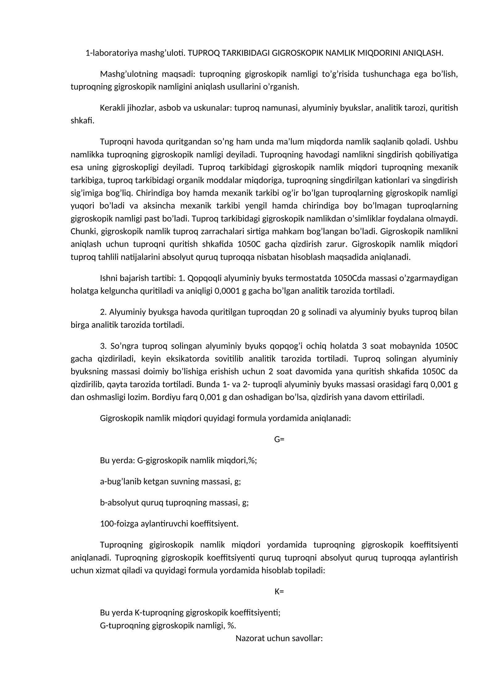 Tuproqning gigroskopik namligini aniqlash mashg'uloti