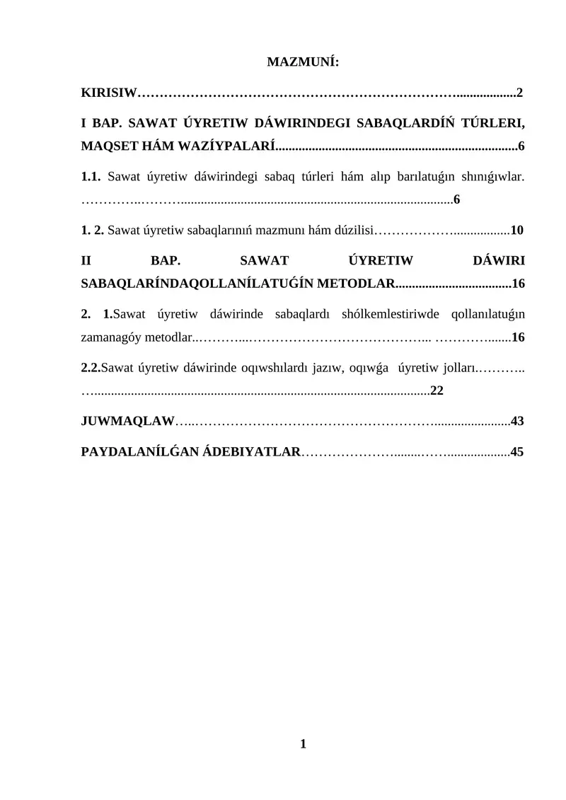 SAWAT ÚYRETIW DÁWIRINDE SABAQ TÚRLERI QARAQALPAQSHA KURS JUMISI