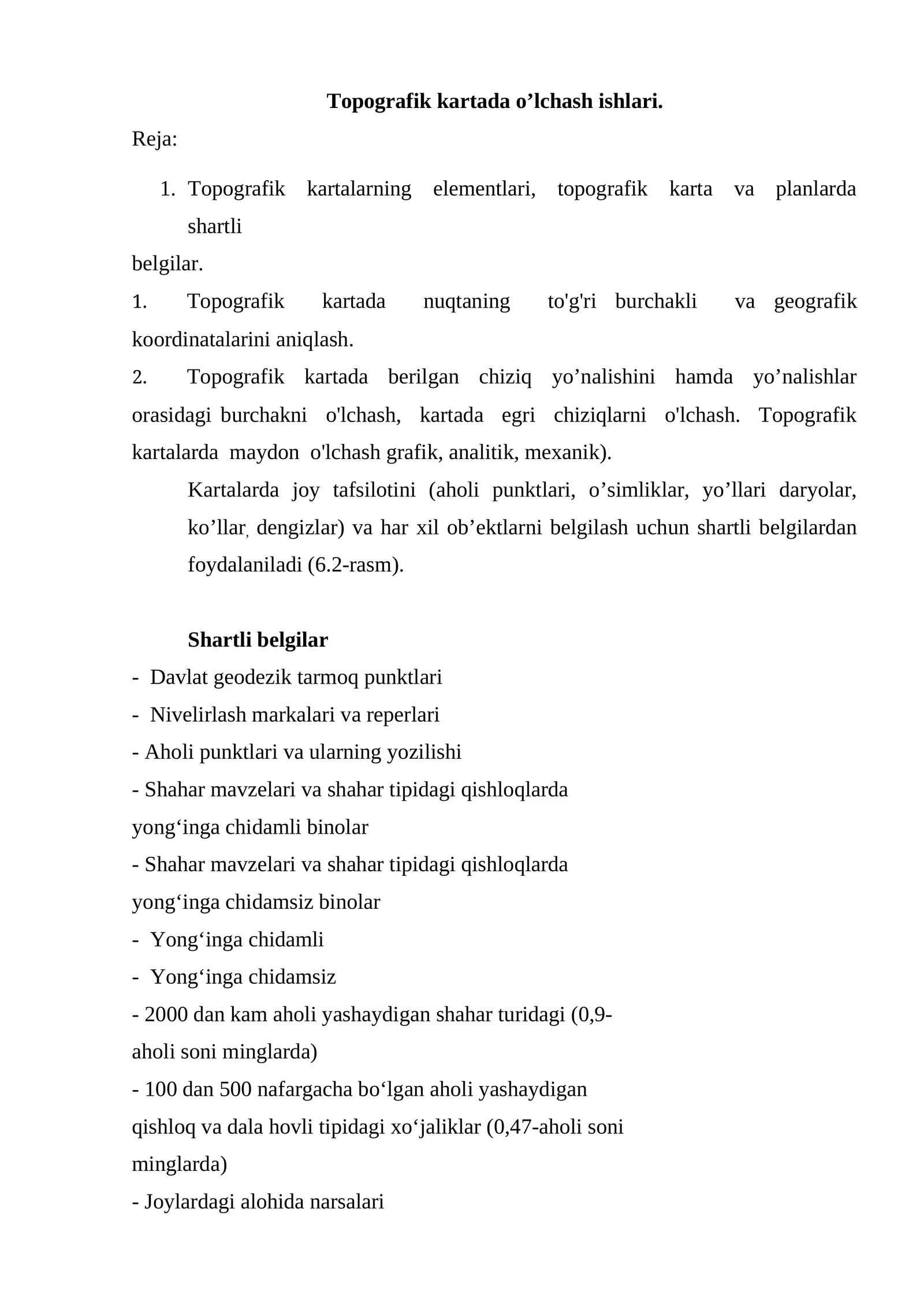 Topografik kartada o’lchash ishlari