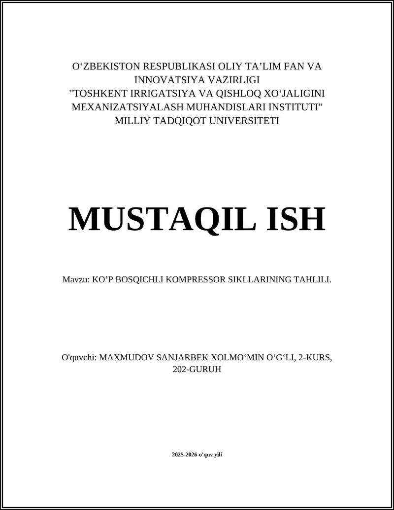 KOʼP BOSQICHLI KOMPRESSOR SIKLLARINING TAHLILI