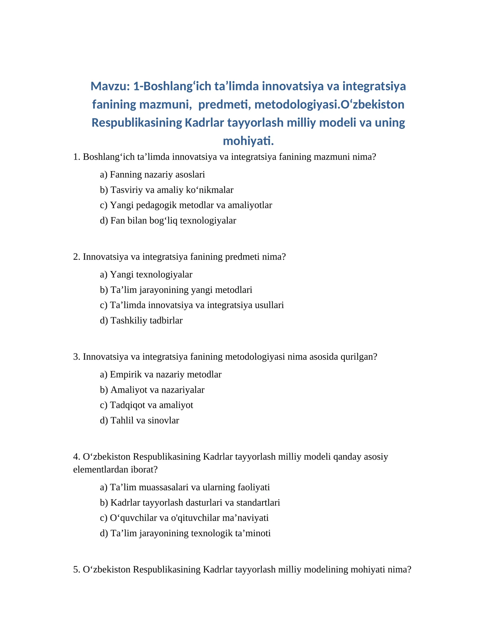 Boshlang‘ich ta’limda innovatsiya va integratsiya fanining mazmuni, predmeti, metodologiyasi