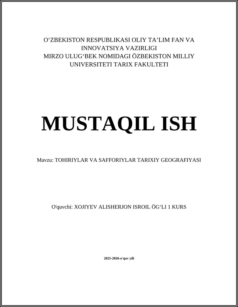 TOHIRIYLAR VA SAFFORIYLAR TARIXIY GEOGRAFIYASI