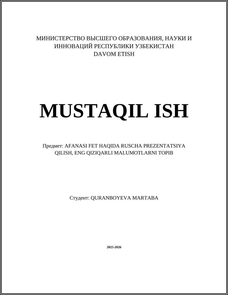 AFANASI FET HAQIDA RUSCHA PREZENTATSIYA QILISH