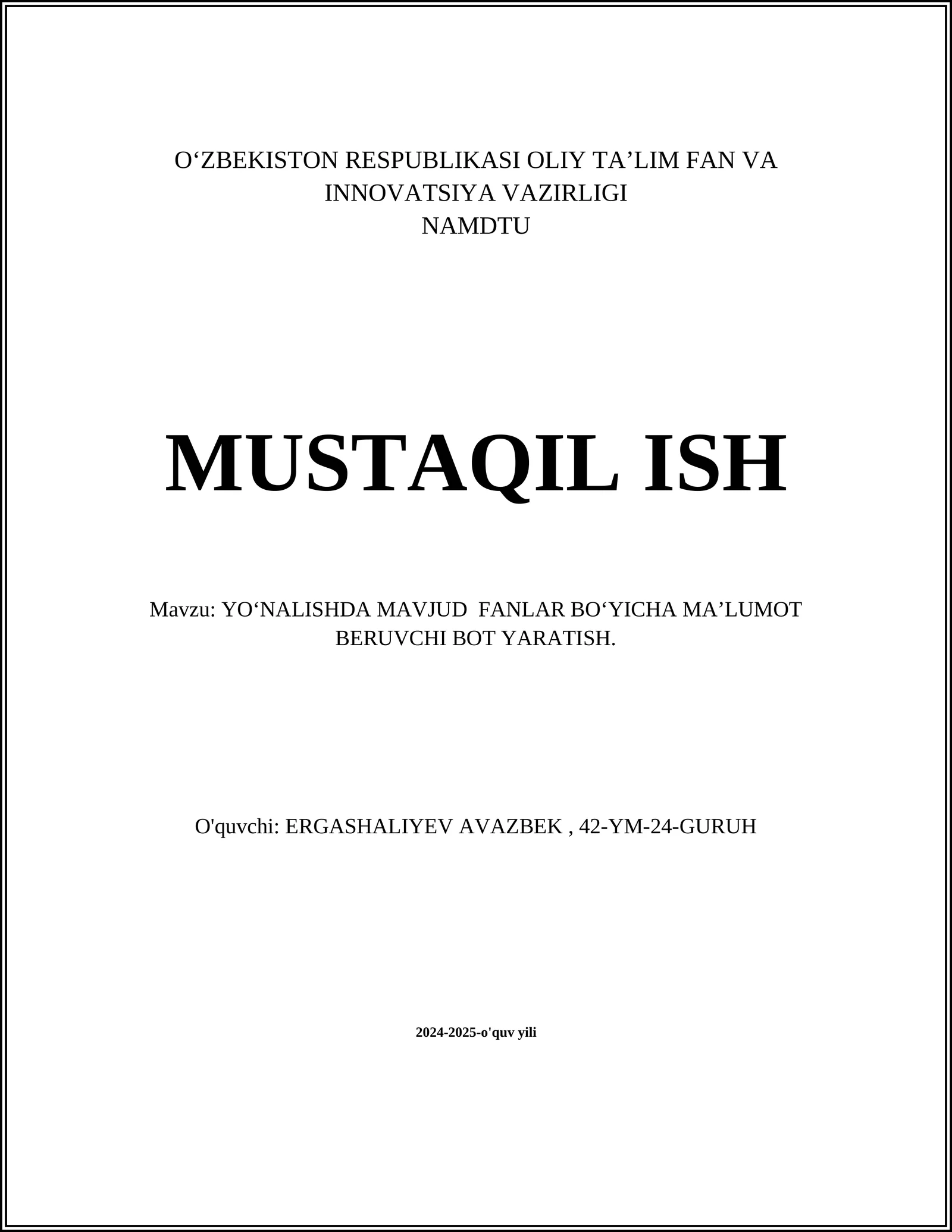 YO‘NALISHDA MAVJUD FANLAR BO‘YICHA MA’LUMOT BERUVCHI BOT YARATISH