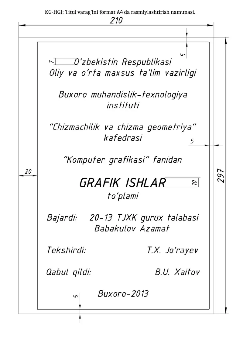 KG-HGI: Titul varag’ini format A4 da rasmiylashtirish namunasi