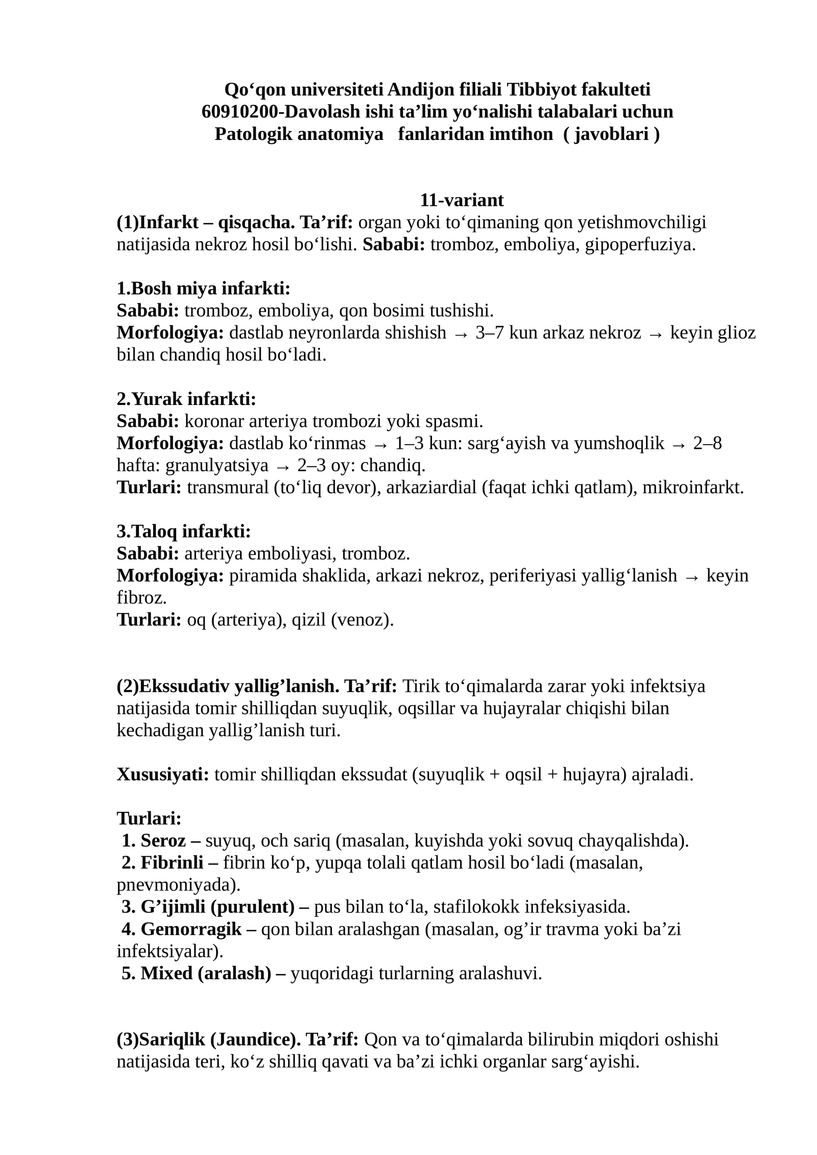Patologik anatomiya fanlaridan imtihon ( javoblari )