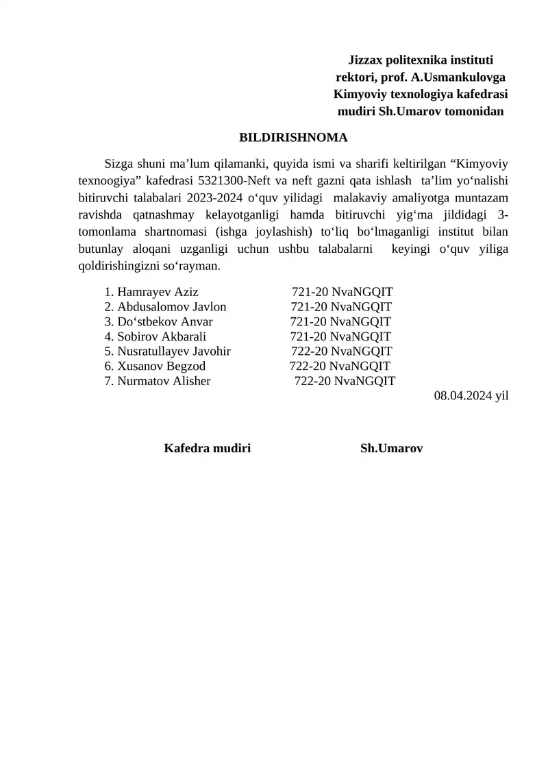Kimyoviy texnologiya kafedrasi BILDIRISHNOMA