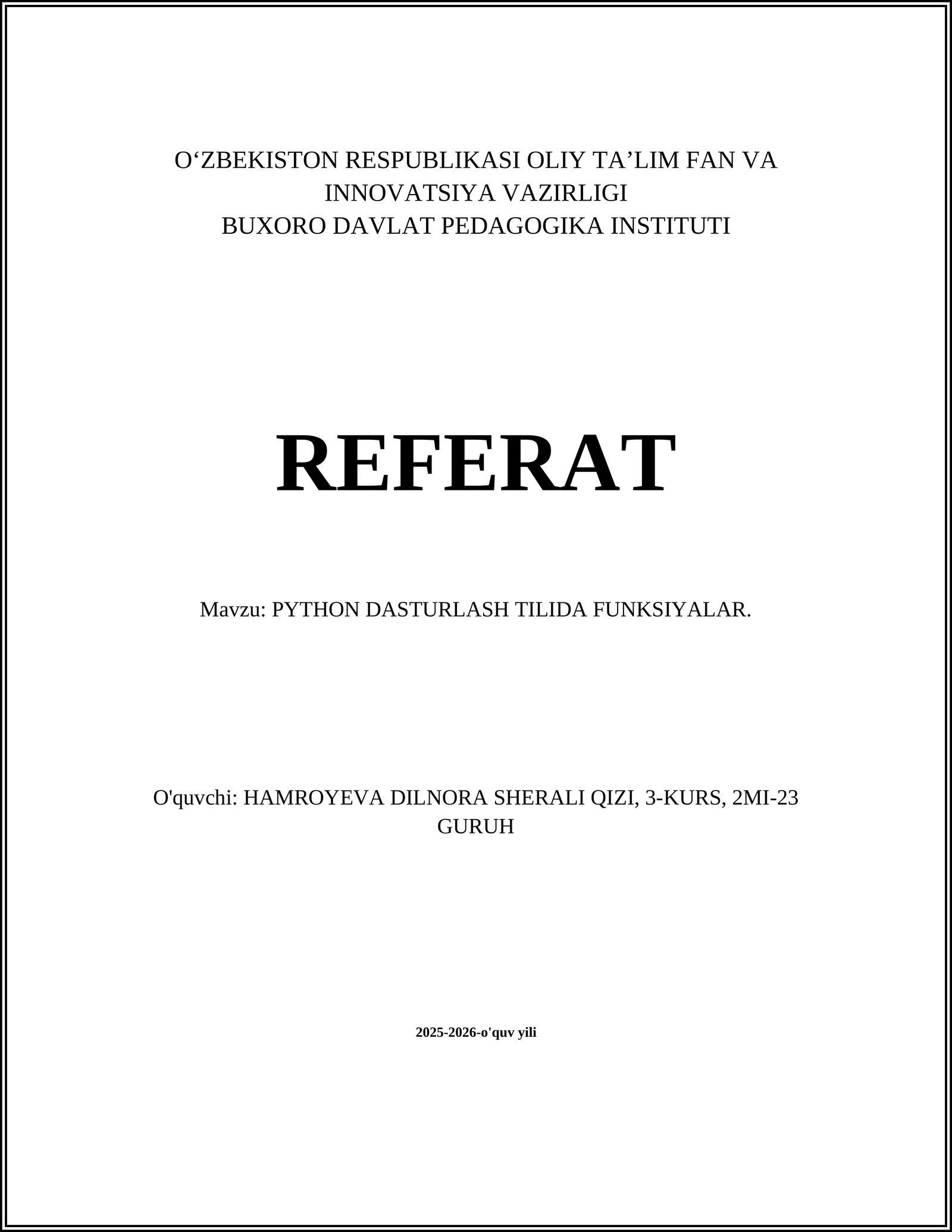 PYTHON DASTURLASH TILIDA FUNKSIYALAR