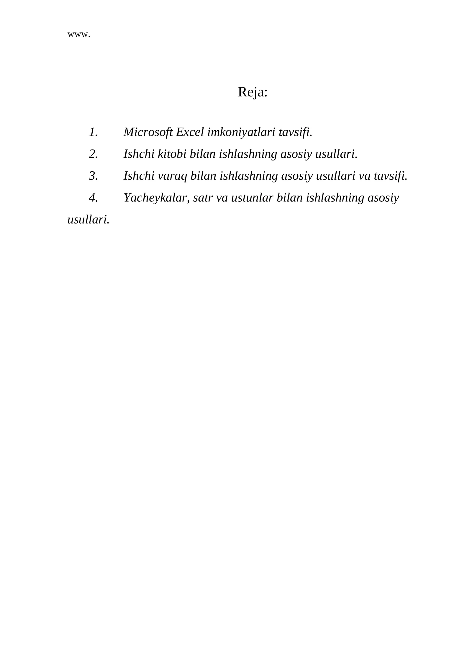 Microsoft Excel imkoniyatlari tavsifi