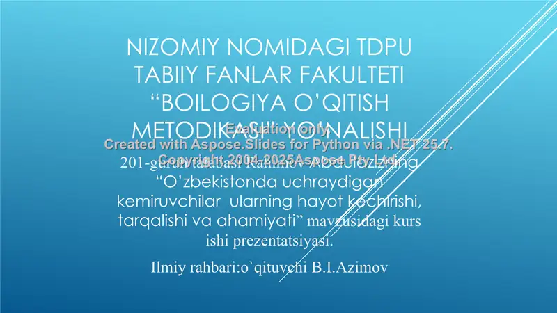 "O'zbekistonda uchraydigan kemiruvchilar: ularning hayot kechirishi, tarqalishi va ahamiyati"
