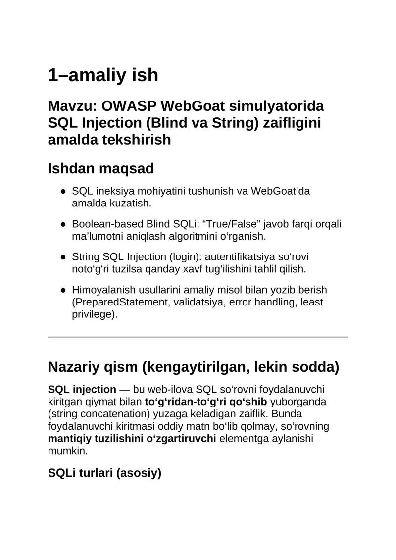 OWASP WebGoat simulyatorida SQL Injection (Blind va String) zaifligini ...