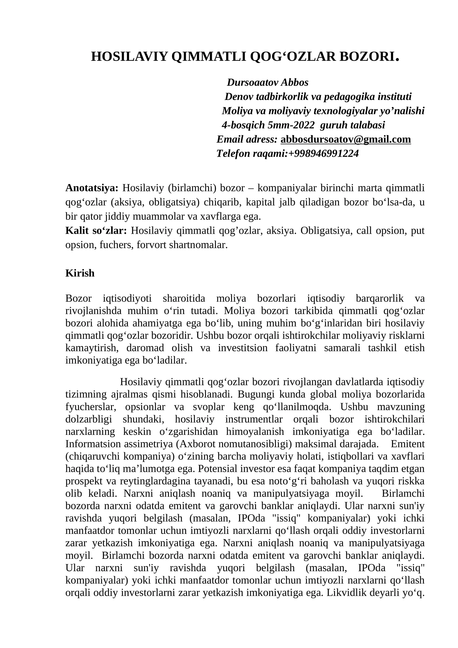 Hosilaviy Qimmatli Qog'ozlar Bozori