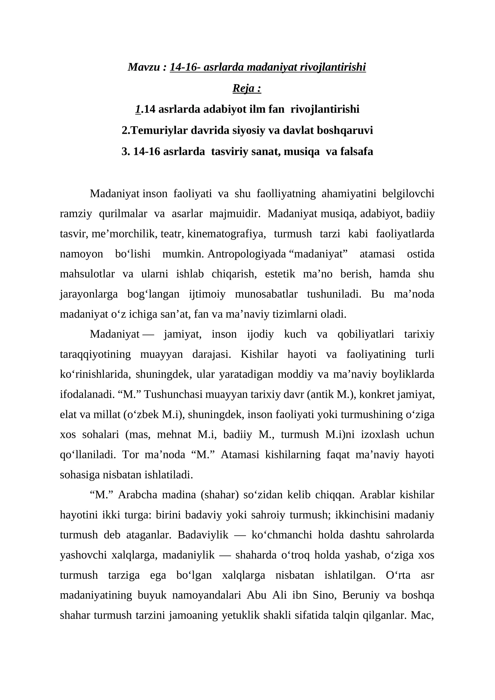 14-16 asrlarda madaniyat rivojlantirishi