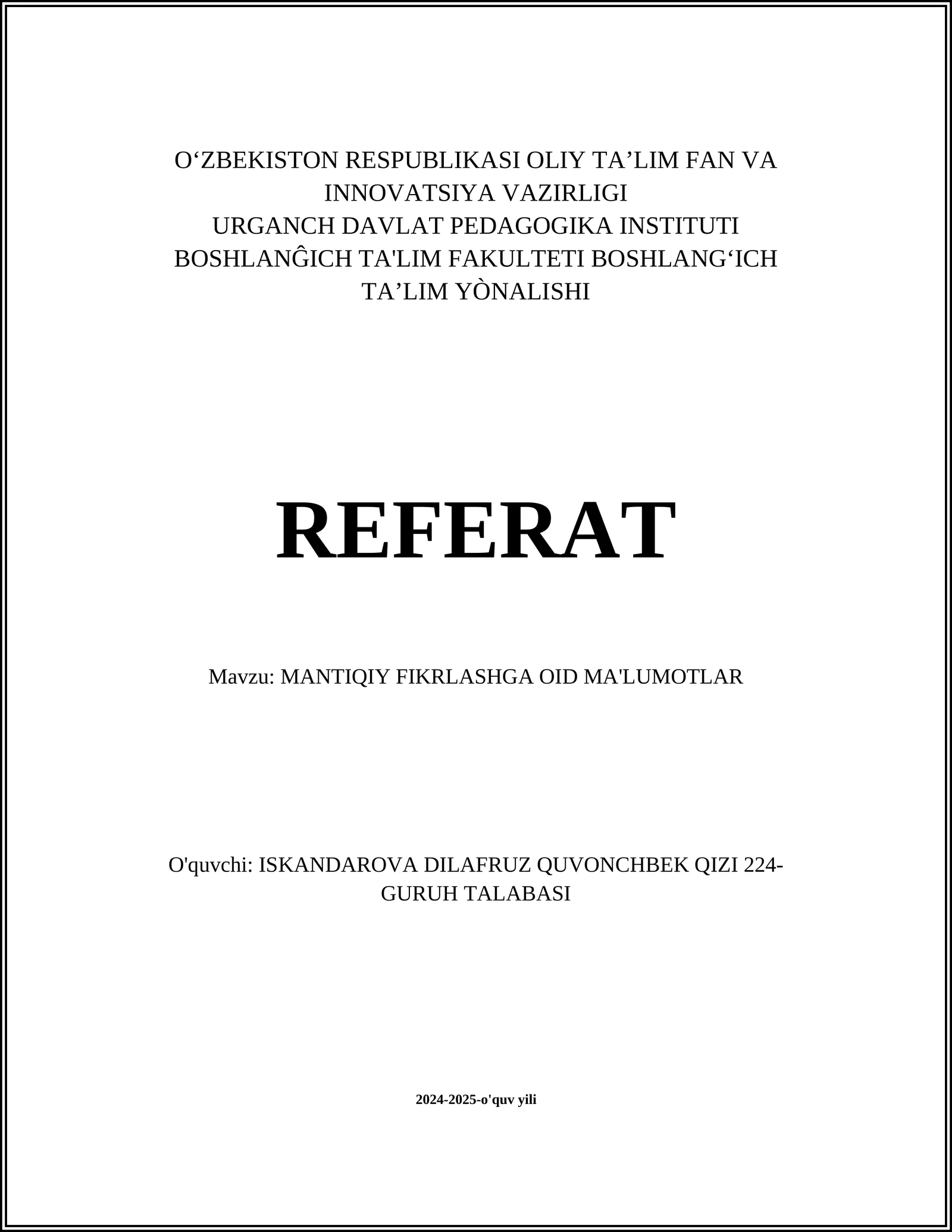 MANTIQIY FIKRLASHGA OID MA'LUMOTLAR