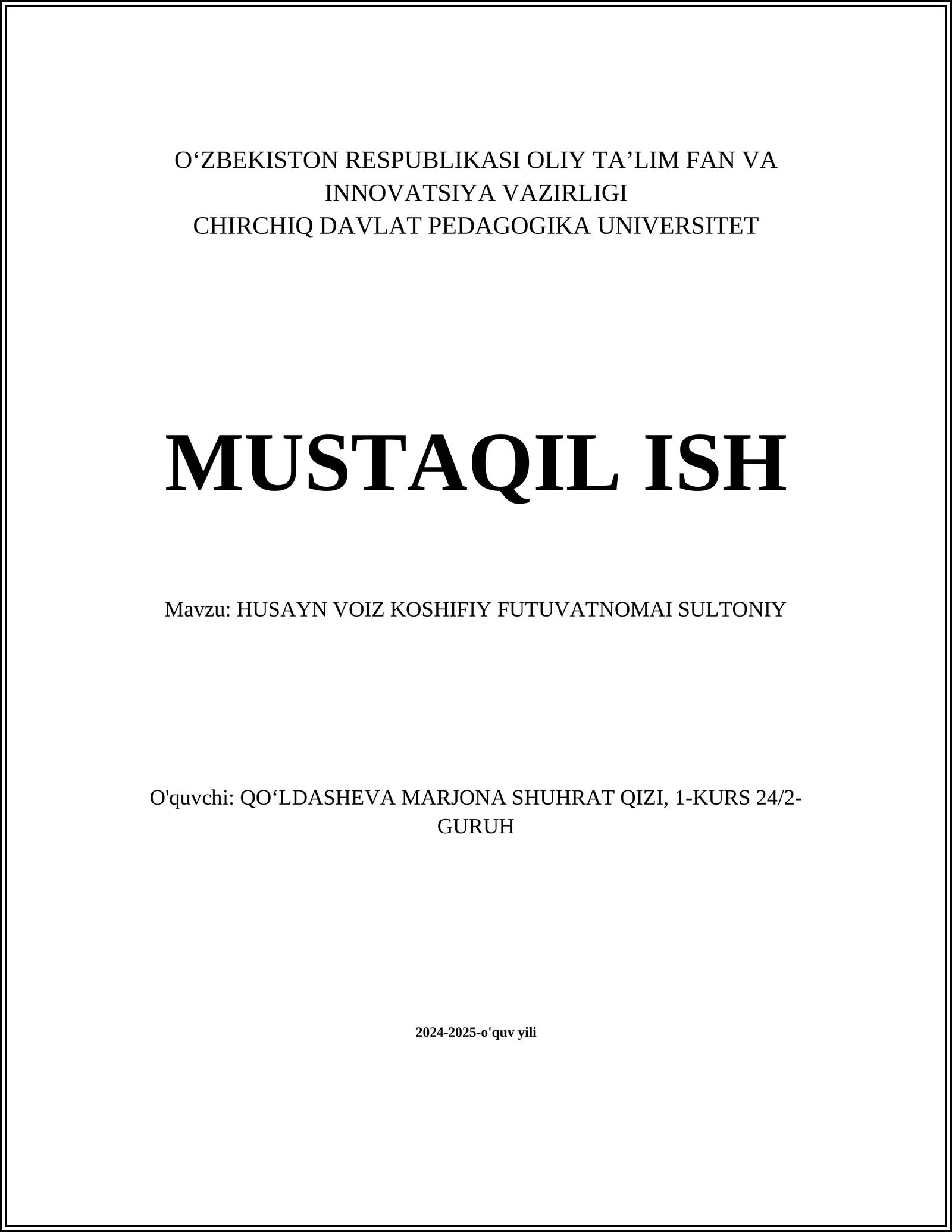 HUSAYN VOIZ KOSHIFIY FUTUVATNOMAI SULTONIY