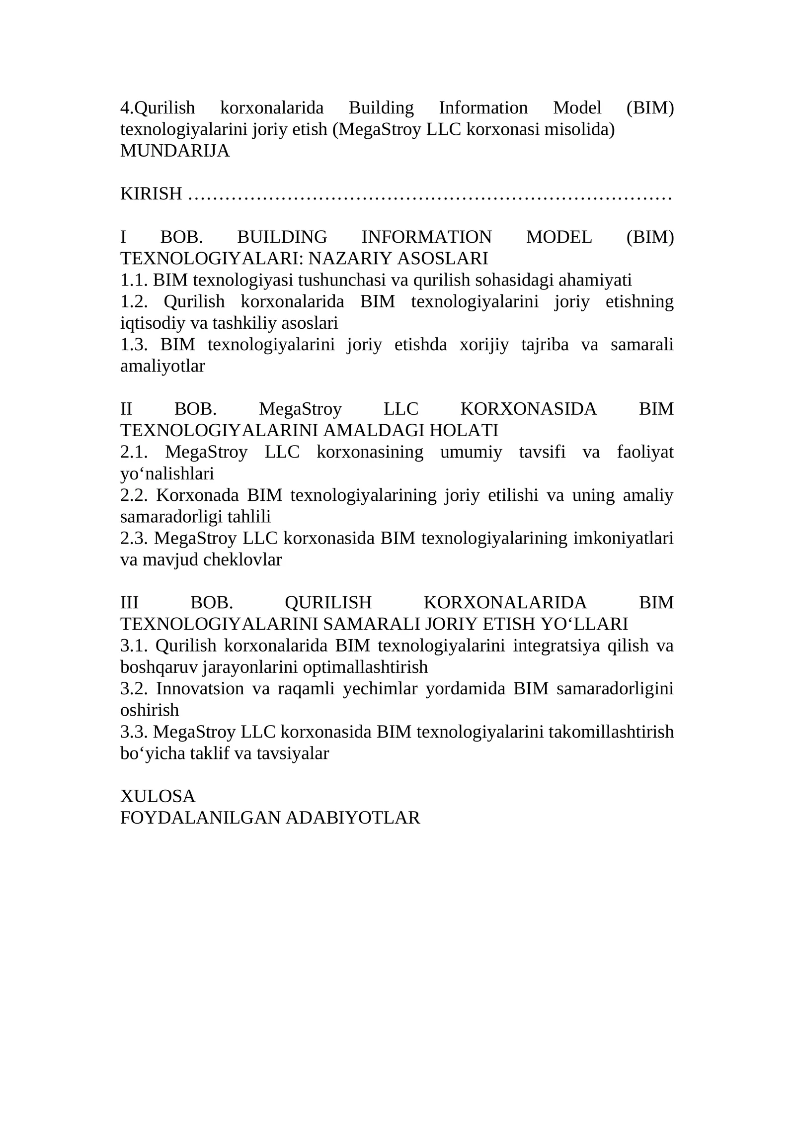 Qurilish korxonalarida Building Information Model (BIM) texnologiyalarini joriy etish