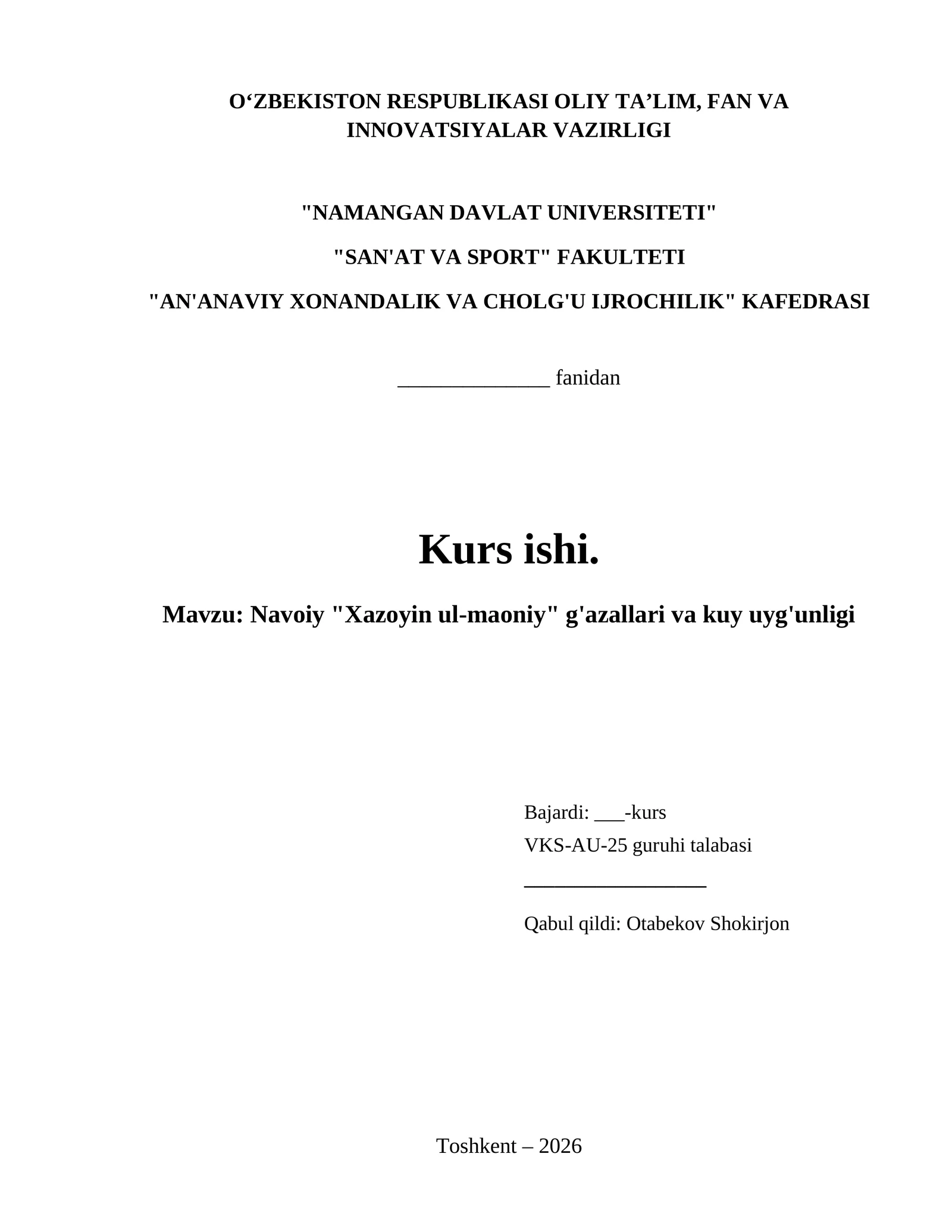 Navoiy "Xazoyin ul-maoniy" g'azallari va kuy uyg'unligi
