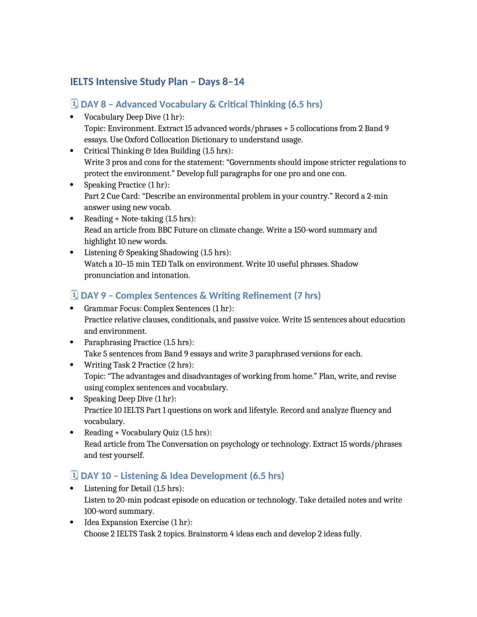 IELTS Intensive Study Plan - Days 8–14