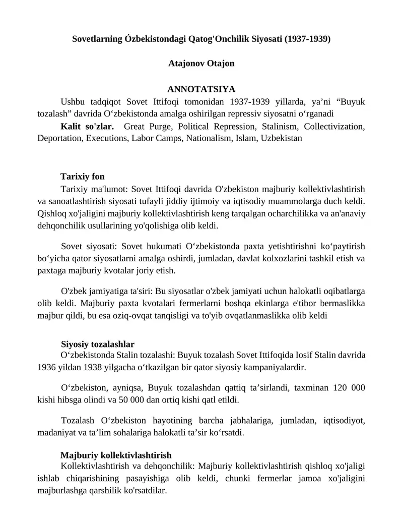 Sovetlarning Ózbekistondagi Qatog'Onchilik Siyosati (1937-1939)